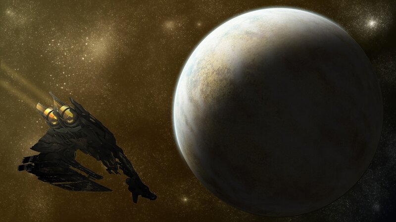 Spaceship Near Planet — Brown, Dramatic, Night, Digital Art