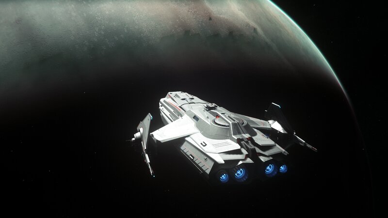 Spaceship Near Planet — Gray, Dramatic
