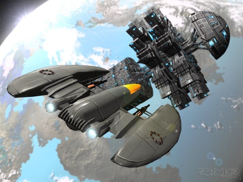 Spaceship Near Planet — Gray