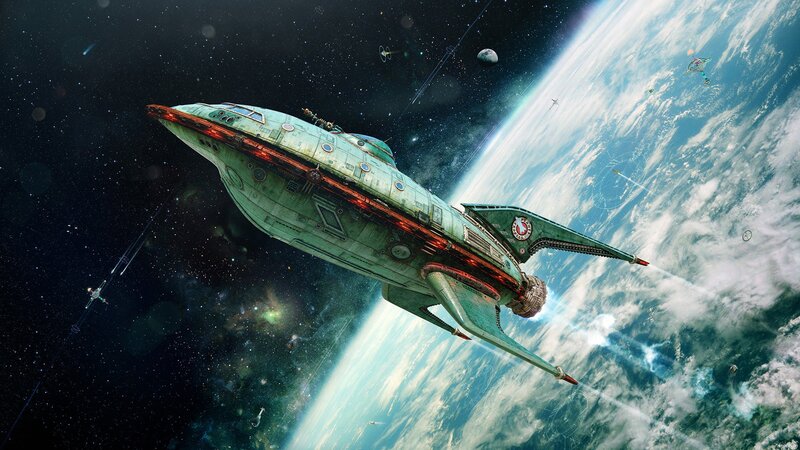 Spaceship Near Planet — Green, Dramatic, Digital Art, Space