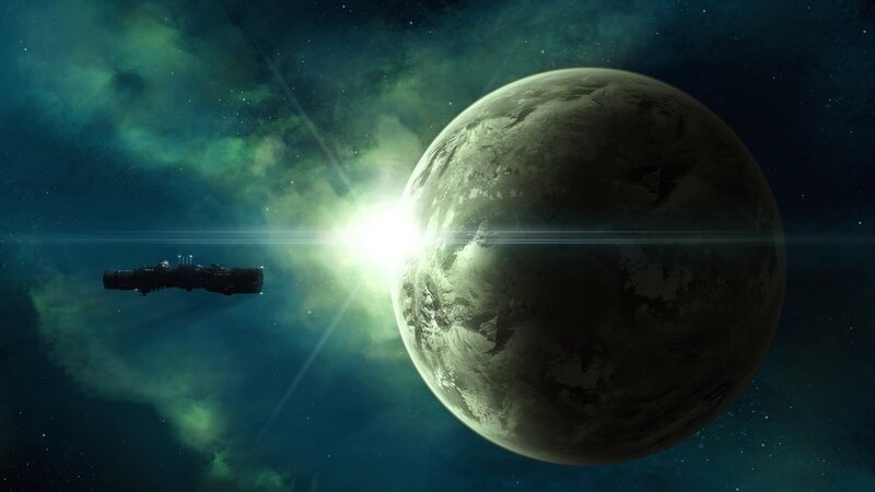 Spaceship Near Planet — Green, Dramatic, Digital Art, Spacecraft, Nebula