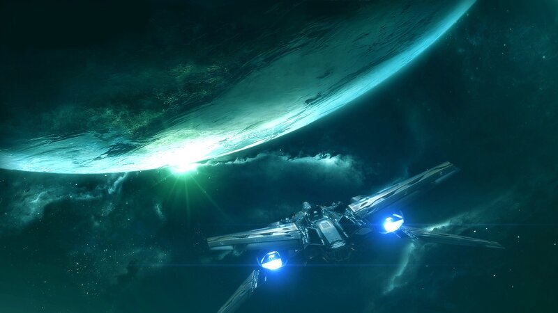 Spaceship Near Planet — Green, Dramatic, Digital Art, Stars