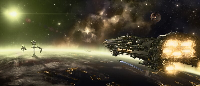 Spaceship Near Planet — Green, Dramatic, Night