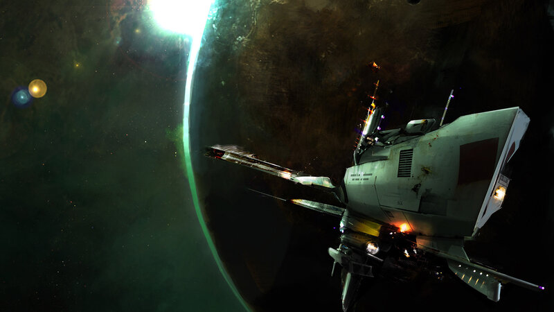 Spaceship Near Planet — Green