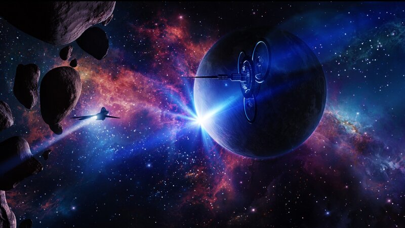 Spaceship near planet in nebula