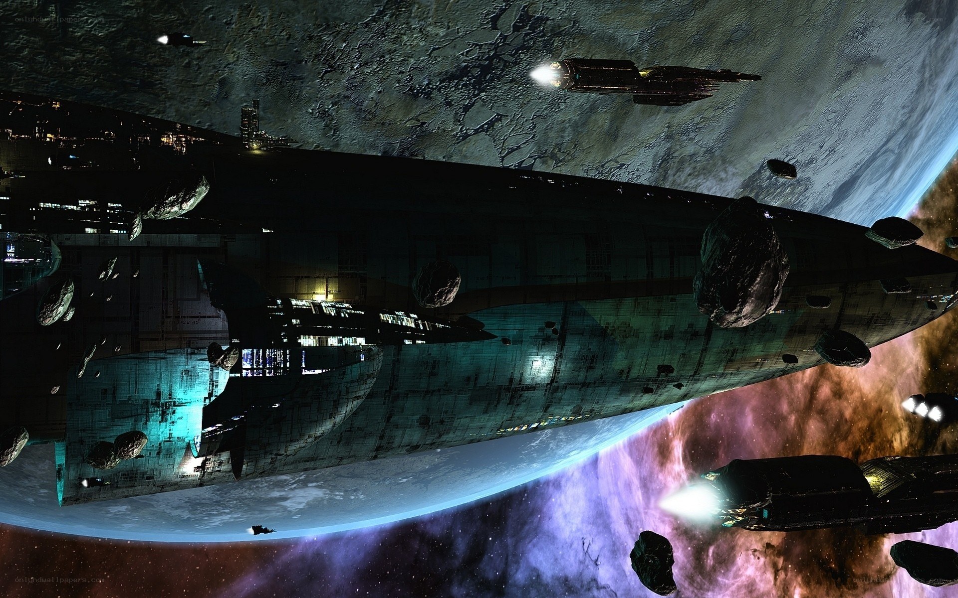 Spaceship near planet in space