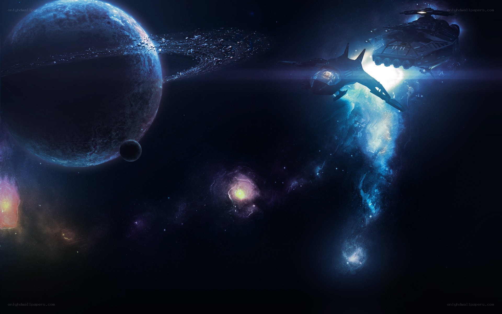 spaceship near planet nebula