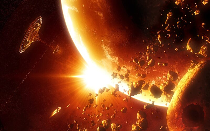 Spaceship Near Planet — Orange, Dramatic, Digital Art, Asteroids