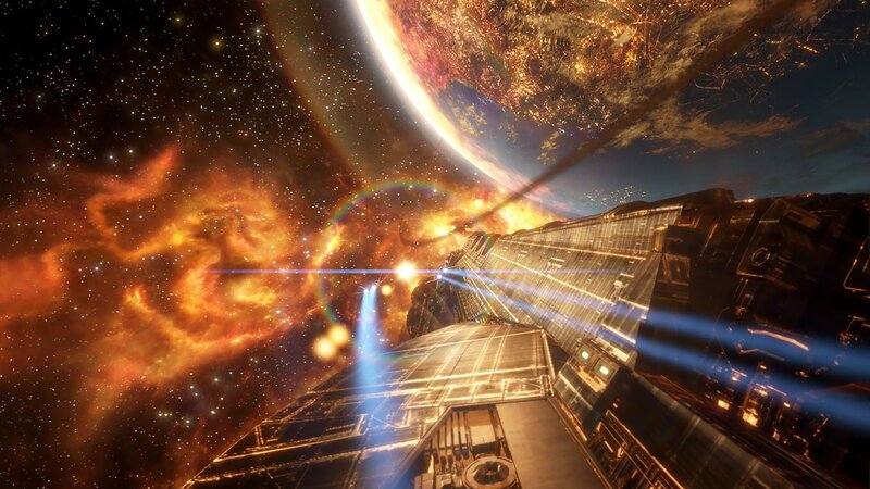 Spaceship Near Planet — Orange, Dramatic, Digital Art