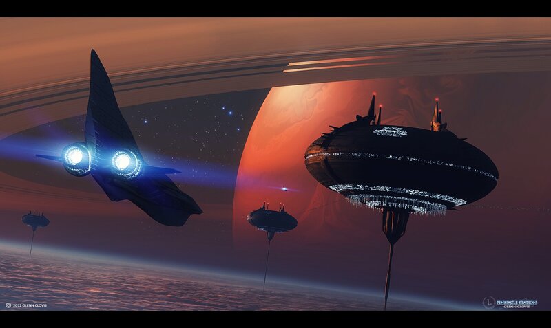 Spaceship Near Planet — Orange, Dramatic, Night, Digital Art