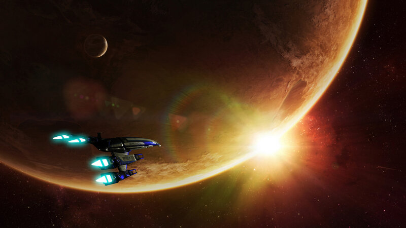 Spaceship Near Planet — Orange, Dramatic, Sunset, Digital Art