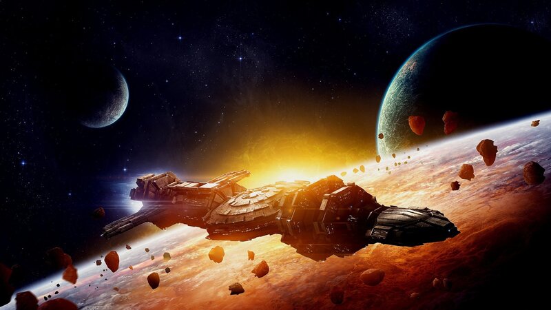 Spaceship Near Planet — Orange, Dramatic, Sunset