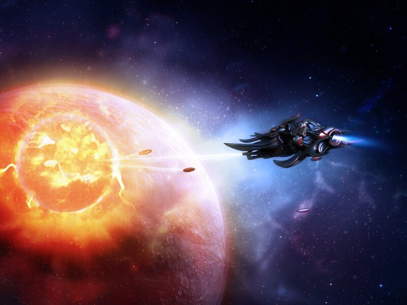 Spaceship Near Planet — Orange, Dramatic