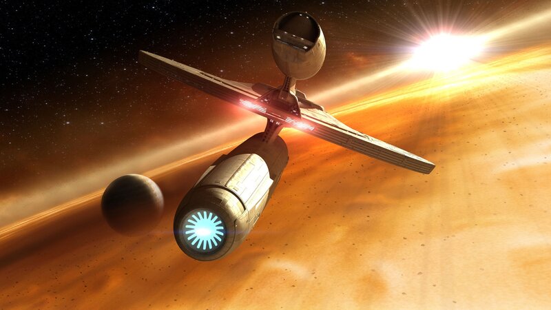 Spaceship Near Planet — Orange