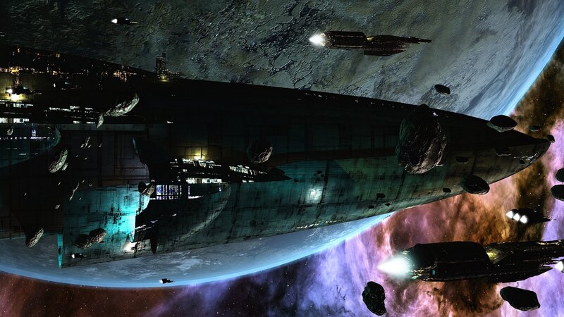 Spaceship Near Planet — Purple, Dramatic, Digital Art, Asteroids