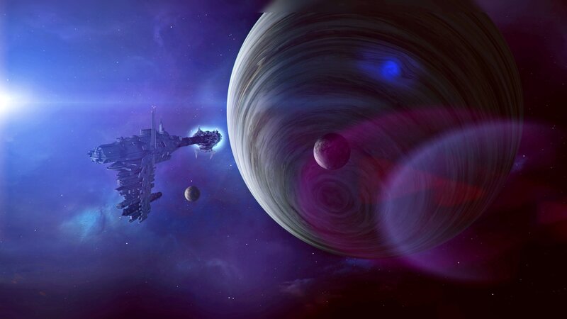 Spaceship Near Planet — Purple, Dramatic, Digital Art, Moon