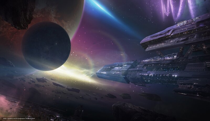 Spaceship Near Planet — Purple, Dramatic, Night, Digital Art, Asteroids, Space Station