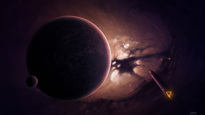 Spaceship Near Planet — Purple, Dramatic, Night, Digital Art, Moon