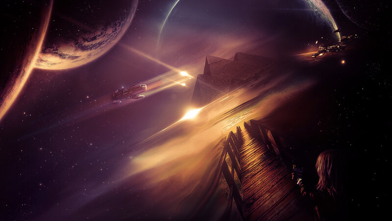 Spaceship Near Planet — Purple, Dramatic, Night, Digital Art