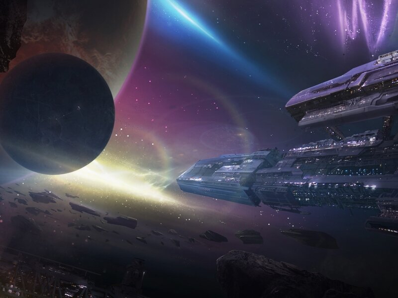 Spaceship Near Planet — Purple, Dramatic, Night