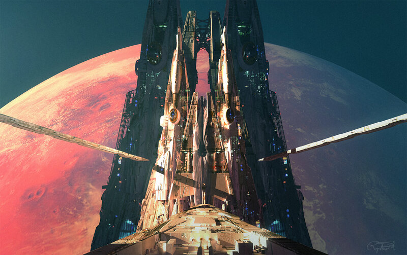 Spaceship Near Planet — Red, Dramatic, Digital Art