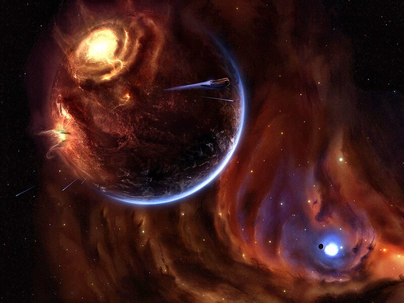 Spaceship Near Planet — Red, Dramatic, Night, Digital Art
