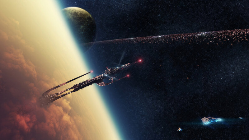 Spaceship near planet with asteroid belt