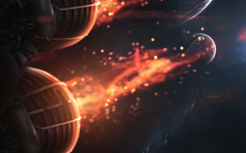Spaceship Near Planets — Black, Dramatic, Digital Art