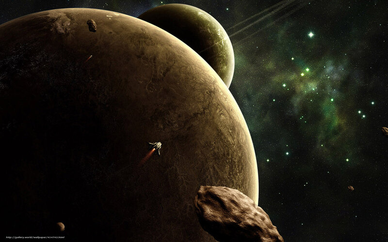 Spaceship Near Planets — Black, Dramatic, Night, Digital Art