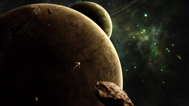 Spaceship Near Planets — Black, Dramatic
