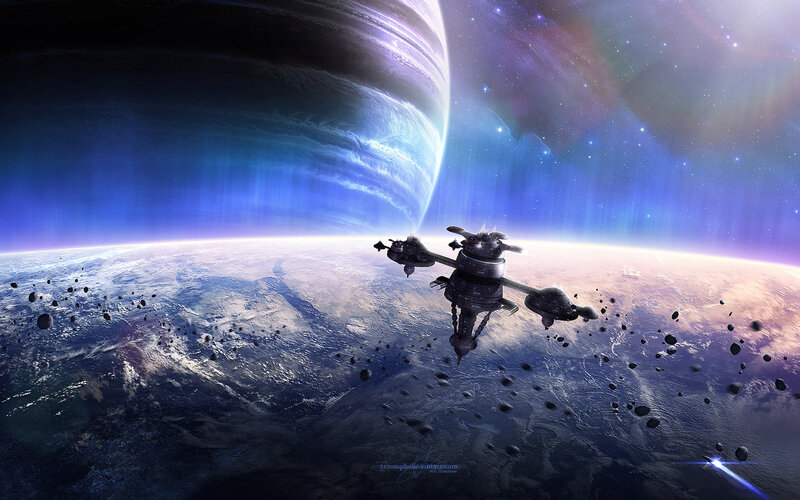 Spaceship Near Planets — Blue, Dramatic, Digital Art, Asteroids