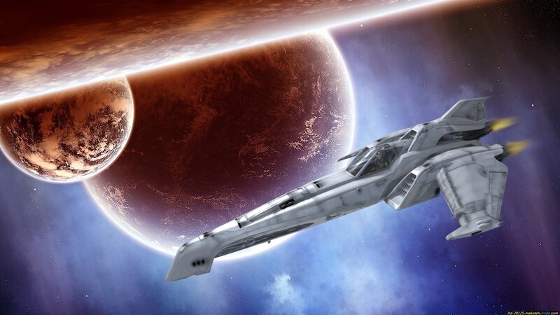 Spaceship Near Planets — Blue, Dramatic, Digital Art, Stars