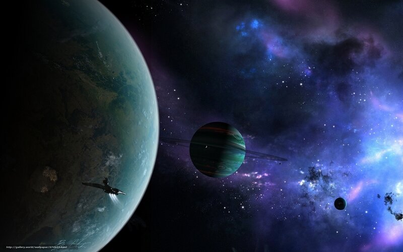 Spaceship Near Planets — Blue, Dramatic, Night, Digital Art, Stars