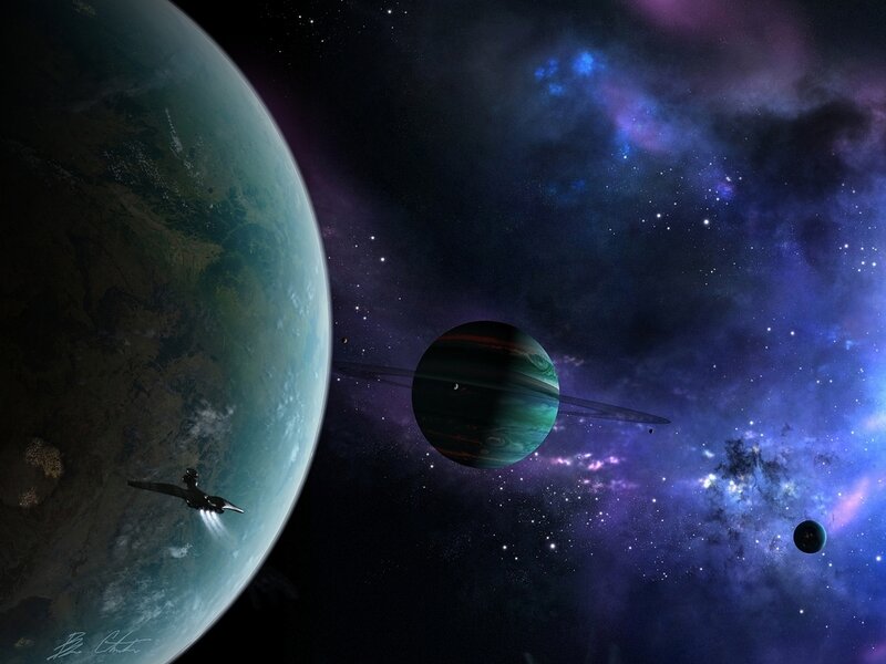 Spaceship Near Planets — Blue, Dramatic, Night
