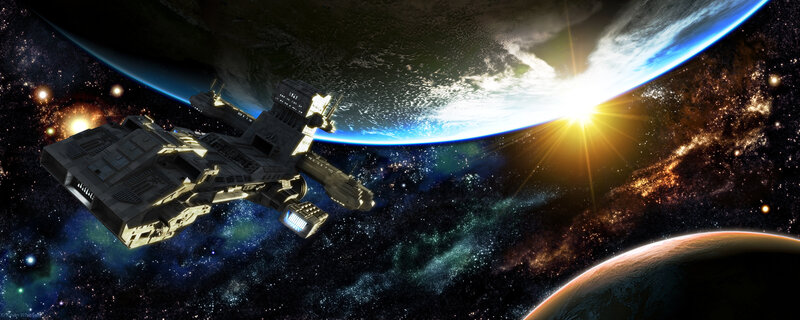Spaceship Near Planets — Blue, Dramatic, Sunset