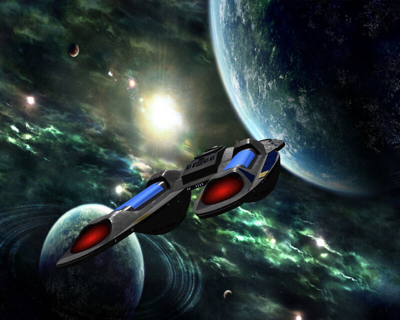 Spaceship Near Planets — Blue, Dramatic