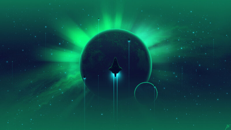 Spaceship Near Planets — Green