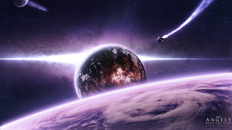 Spaceship Near Planets — Purple, Dramatic