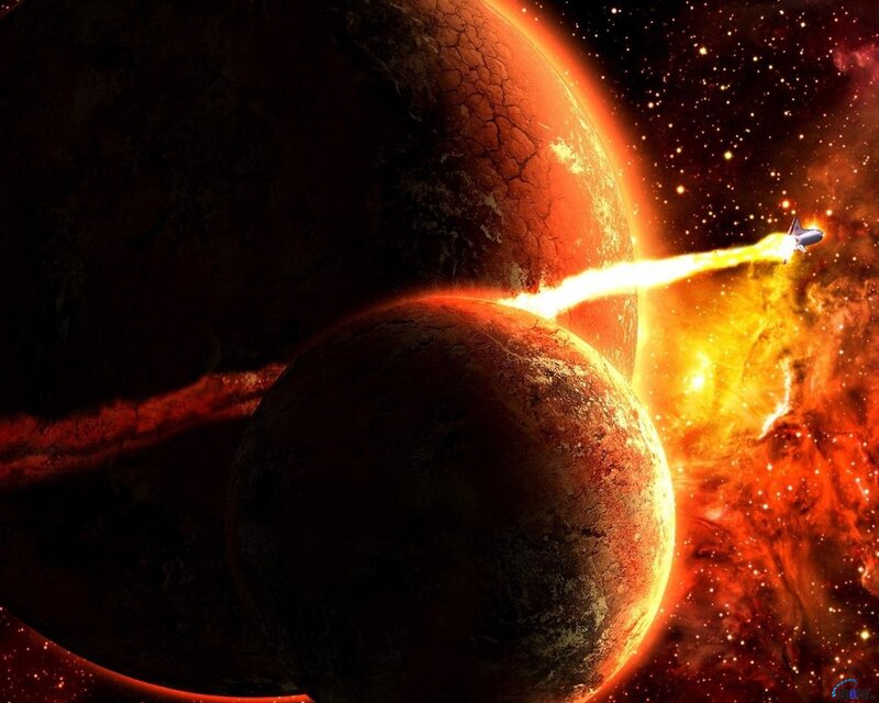 Spaceship Near Planets — Red