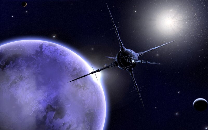 spaceship near purple planet