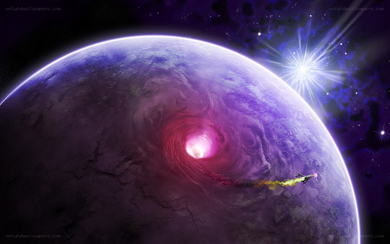 spaceship near purple planet