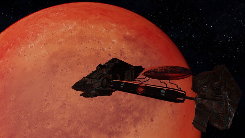 Spaceship Near Red Planet — Dramatic, Night