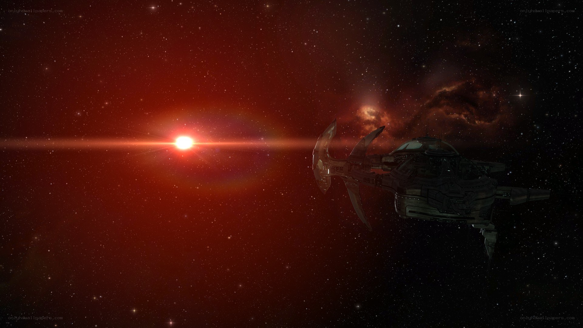 Spaceship near red star
