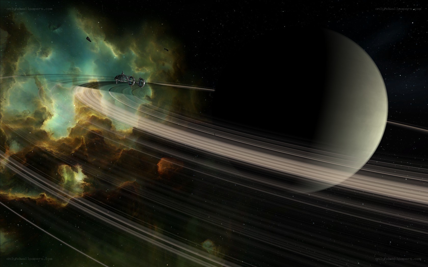 Spaceship near ringed planet