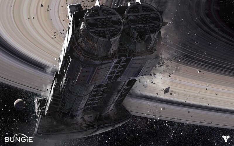 Spaceship near ringed planet
