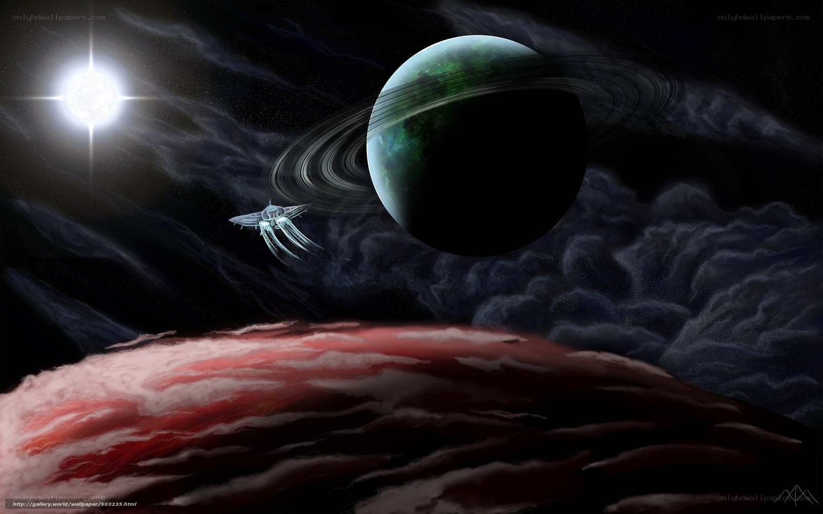 Spaceship near ringed planet