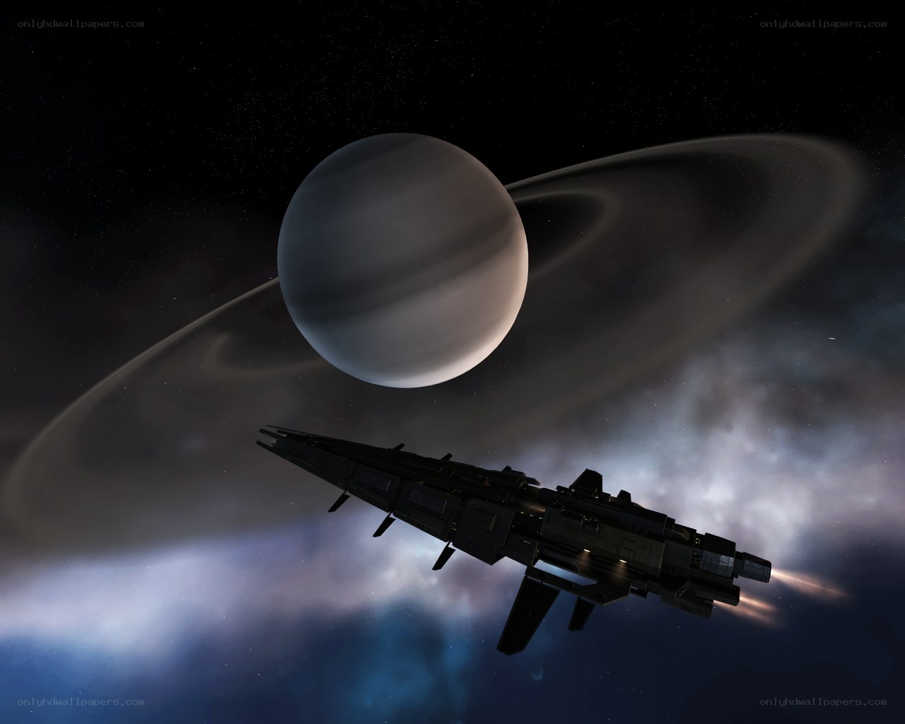 spaceship near ringed planet