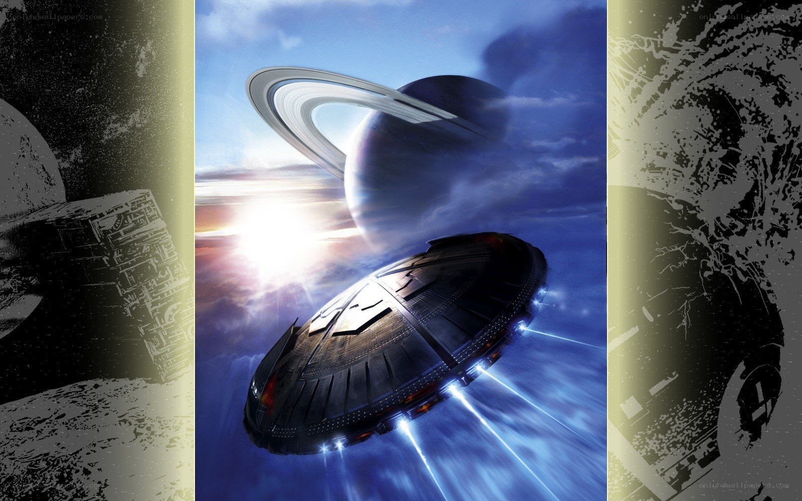 spaceship near ringed planet