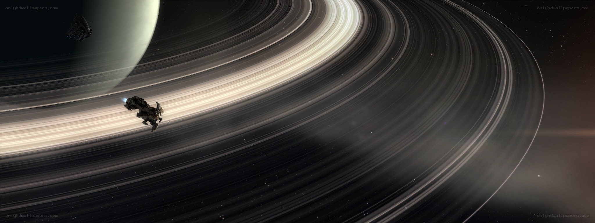 Spaceship near ringed planet
