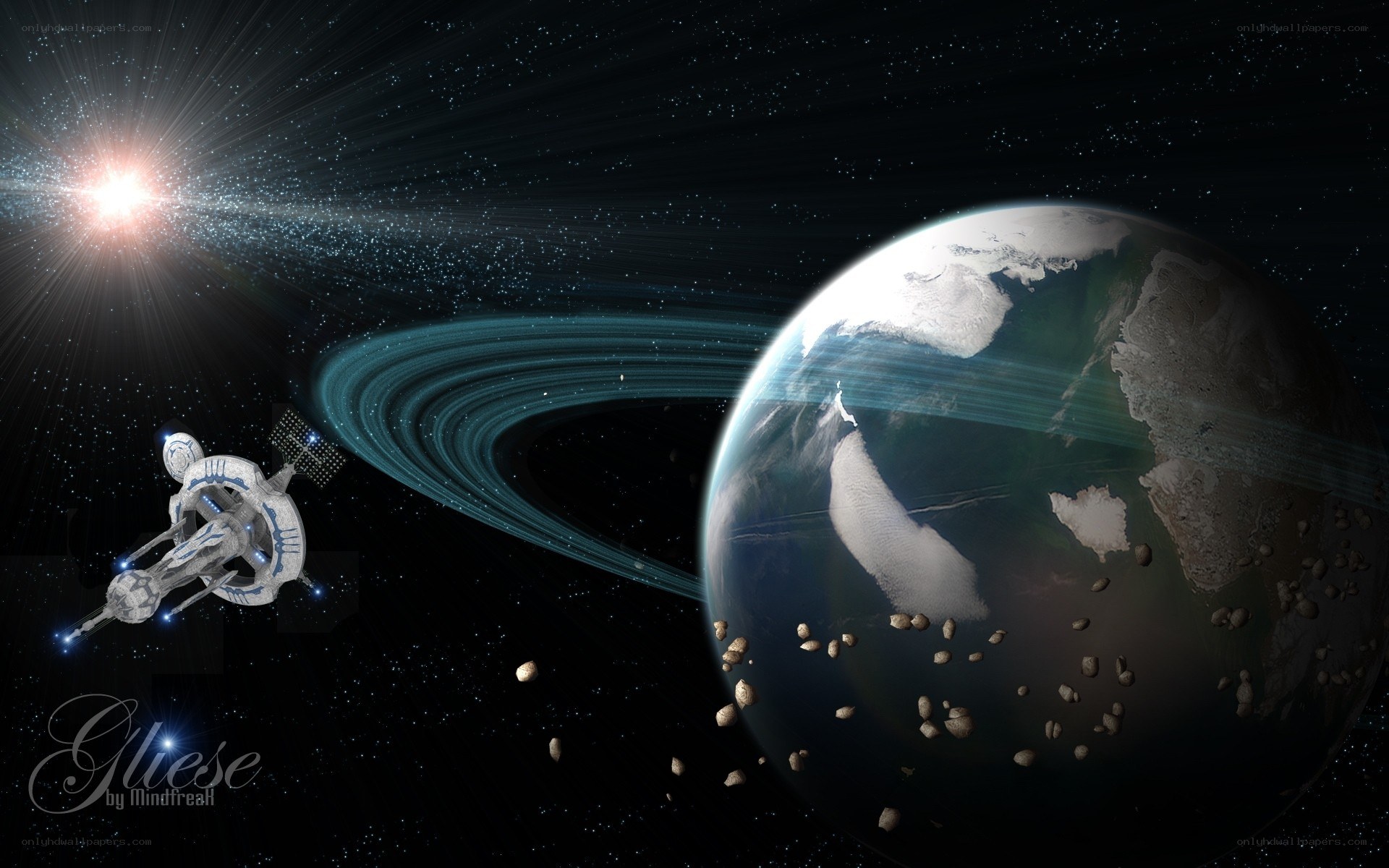 Spaceship near ringed planet